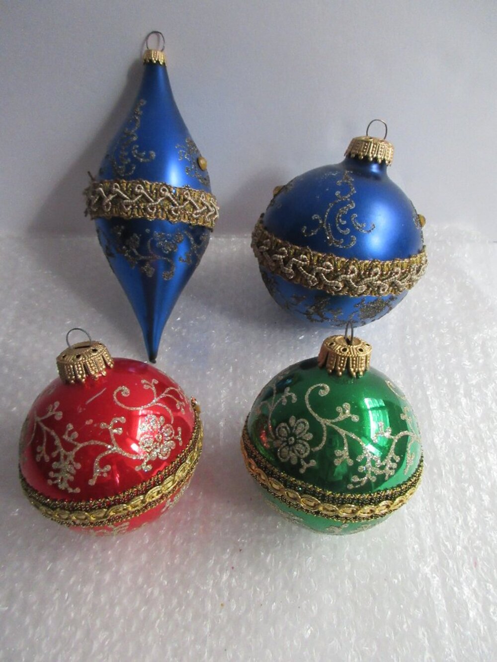 4 Krebs Glass Christmas Ornament Brocade Ribbon Blue Red Green Vtg W Germany